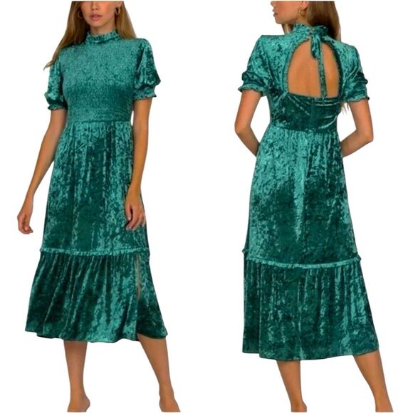 Adelyn Rae velvet evergreen emerald midi dress smocked top ruffled skirt size XS - Picture 1 of 10